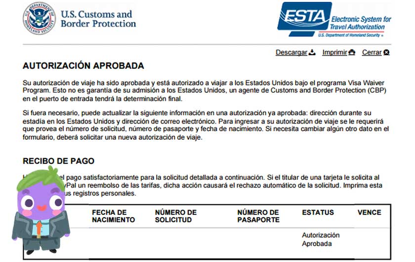 Aprobación solicitud visado ESTA